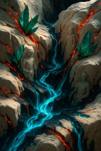 Ein leuchtend blauer Strom bahnt sich durch gespaltene Felsen, deren Risse in roter Glut glimmen. An den Seiten sind riesige Kristalle gewachsen, zwischen ihnen ruhen steinerne Figuren. Die Szene wirkt wie ein Fluss aus reiner Energie.