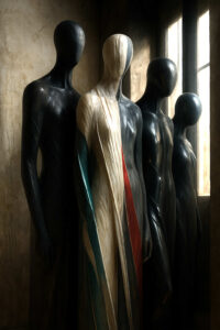 Vier hochgewachsene, gesichtslose Figuren stehen nebeneinander in einem spärlich beleuchteten Raum vor einem Fenster. Eine Figur trägt ein Gewand in Weiß, Rot und Grün, während die anderen schwarz bleiben. Atmosphärisch, wie eine zeremonielle Begegnung.