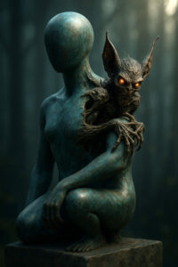 Bronzefarbene Statue eines gesichtslosen Wesens, auf dessen Schulter ein dämonisches Wesen mit glühenden Augen sitzt.