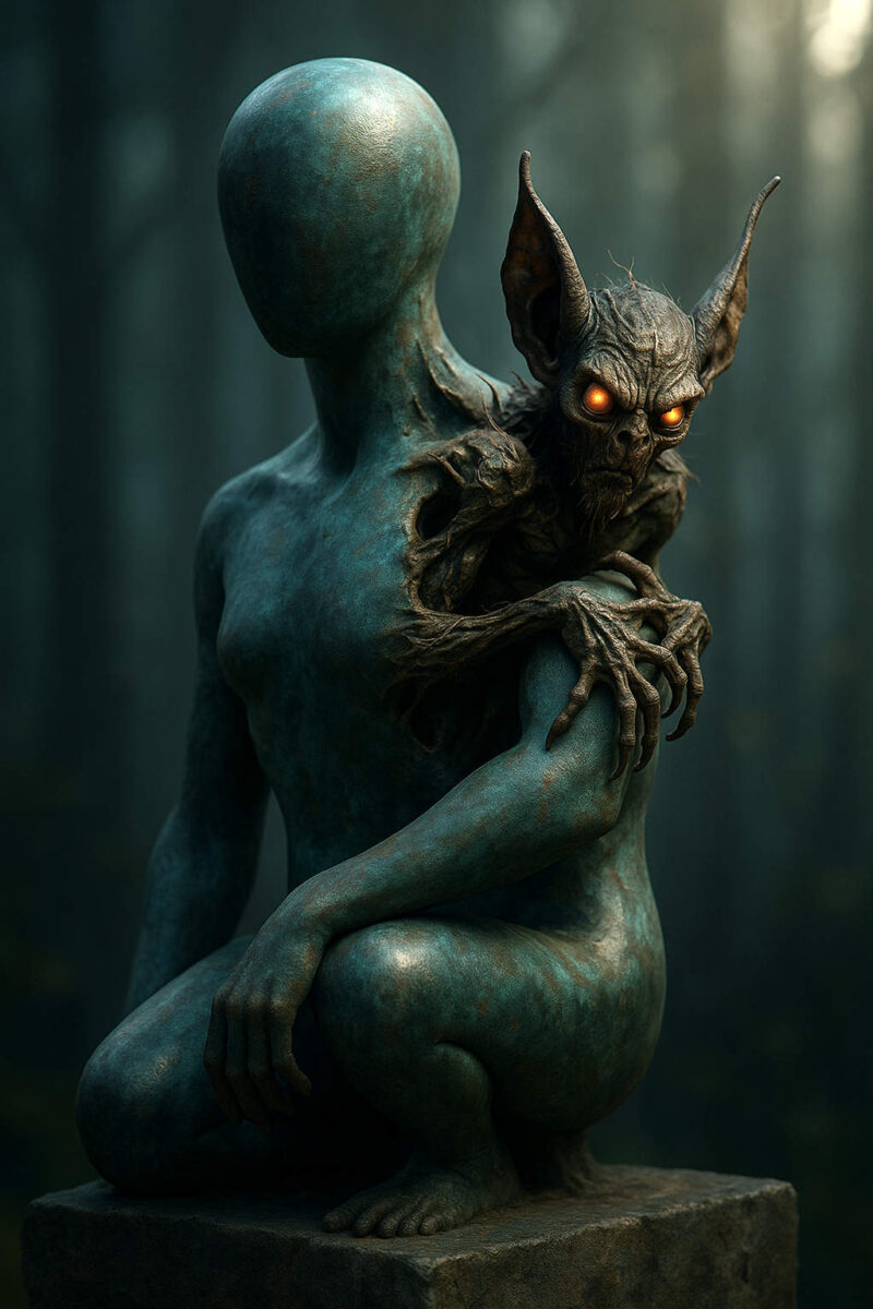 Bronzefarbene Statue eines gesichtslosen Wesens, auf dessen Schulter ein dämonisches Wesen mit glühenden Augen sitzt.