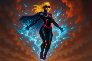 Eine blonde Superheldin mit schwarzem Anzug, violetten Zierlinien und dunkler Sonnenbrille schwebt schwerelos in einem Strahlenkranz aus blauen Energiefragmenten. Hinter ihr leuchten dramatisch orange gefärbte Wolken im Abendlicht.