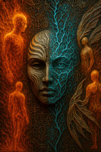 Ein maskenähnliches Gesicht, halb in orange glühenden Linien, halb in kühlen blauen Adern dargestellt. Umgeben ist es von flammenden Silhouetten und feinen Symbolen. Das Bild evoziert den Gegensatz zwischen Energie, Seele und Bewusstsein.
