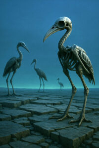 Vier skelettartige Vögel mit langen Schnäbeln stehen auf rissigem Steinboden unter einem düsteren, blauen Himmel. Die Stimmung ist gespenstisch, still und unheilvoll.