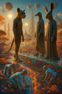 Drei Wesen mit Tierköpfen – Katze, Vogel und Hase – stehen in Roben auf einem schwebenden Pfad. Unter ihnen kriechen glitzernde, menschenähnliche Gestalten durch einen leuchtenden Fluss. Im Hintergrund ragen DNA-Strukturen und geometrische Körper in den Himmel.