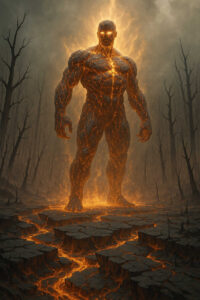 Eine gigantische, lavagetränkte Gestalt steht erhoben inmitten eines kargen Waldes, während ihr Körper wie glühendes Gestein pulsiert. Die Atmosphäre wirkt monumental und unheilvoll.