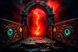 Ein steinernes Portal steht inmitten von Flammen, flankiert von Geländern, deren Ornamente riesige, smaragdgrüne Augen enthalten – eine Mischung aus Wache und Warnung.