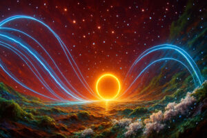 Eine strahlende, kreisförmige Sonne steht tief über einem tosenden Meer, während blaue Lichtbögen sich wie Energiewellen über den Himmel spannen – ein Bild zwischen Schöpfung und Mysterium.