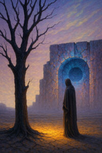 Ein verhüllter Mensch steht vor einem gewaltigen steinernen Torbogen mit blauem Zentrum. Neben ihm ein kahler Baum, im Hintergrund ein Abendhimmel voller weicher Farben. Die Szene wirkt wie ein stilles Gleichnis für Übergang und Schicksal.