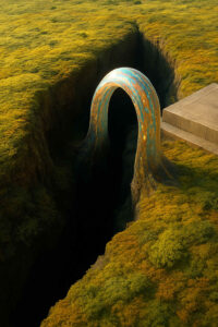 Eine glatte, metallisch schimmernde Brücke in Form eines Bogens führt über eine tiefe, dunkle Schlucht. Die umgebende Landschaft ist von goldenem Gras und Moos überzogen. Am Rand steht eine steinerne Plattform, die ins Nichts führt.