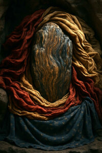 Ein von Stoffbahnen umhüllter Fels oder Körper, dessen Oberfläche wie Haar wirkt. Goldene, rote und blaue Stoffe fließen in weichen Falten, als würden sie etwas Heiliges oder Geheimnisvolles verbergen. Eindruck einer verborgenen Identität, die sich nicht enthüllt.