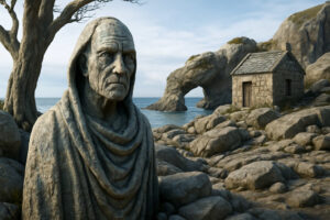 Eine verwitterte Statue eines alten Mannes steht zwischen Felsen am Meer. Hinter ihm ragt eine kleine Hütte aus Stein auf, während ein Bogenfelsen im Wasser den Blick lenkt. Die Szene strahlt Ruhe, Alter und Beständigkeit aus.