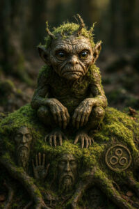 Ein kleines, knorriges Waldwesen mit moosbedeckter Haut sitzt auf einem Baumstumpf. Unter ihm erscheinen Gesichter, die aus den Wurzeln herausragen, sowie ein mystisches Symbol. Die Szene erinnert an alte Naturgeister und verborgene Kräfte des Waldes.