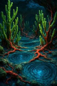 Eine unterirdische Höhle voller leuchtender Wasserbecken mit konzentrischen Kreisen. Korallenartige Strukturen in Grün und Rot wachsen rings um die Quellen. Die Szene wirkt wie ein verborgenes Biotop in einer fremden Welt.