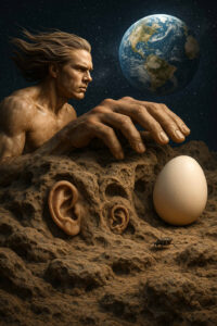 Ein riesenhafter Mann beugt sich über ein Ei, das auf einer steinigen Oberfläche ruht. Um ihn herum wuchern Felsen mit eingearbeiteten Ohren, eine Ameise krabbelt daneben. Über allem schwebt die Erde, als ob das Schicksal in diesem Moment beschlossen würde.