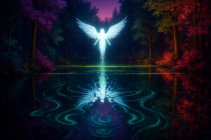 Eine leuchtende Engelsgestalt mit Flügeln erhebt sich über einem stillen See. Ihr Licht spiegelt sich im Wasser und bildet strahlende Muster. Umgeben ist sie von einem farbenprächtigen Wald in purpurnem und grünem Laub.