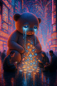 Ein gigantischer Teddybär sitzt in einer neonfarbenen Stadt, Tränen aus blauem Licht strömen aus seinen Augen. Vor ihm sitzen drei Menschen im Kreis, gebannt von den leuchtenden Symbolen auf dem Boden. Die Szene wirkt zugleich traurig und magisch.