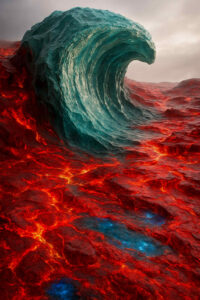 Eine riesige Wasserwelle aus Eis erhebt sich über einem Meer aus flüssiger Lava. Rotglühende Ströme ziehen sich durch den Boden, während türkisfarbene Flächen dazwischen aufleuchten. Die Szene wirkt wie ein Kampf der Elemente.