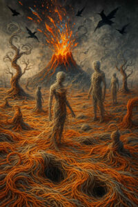 Menschengestalten aus verknüpften Strängen bewegen sich über einen glühenden, faserigen Boden. Hinter ihnen bricht ein Vulkan in Flammen aus, während Vögel über die Szene kreisen. Ein apokalyptisches Bild zwischen Schöpfung und Zerstörung.