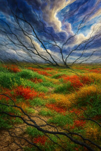 Ein weites Feld aus buntem Gras liegt unter dramatischen Wolken. Schwarze, kahle Äste durchschneiden Himmel und Landschaft. Die Szene vereint Aufbruch und Zerstörung zugleich.