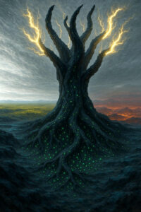 Ein dunkler, knorriger Baum ragt in den Himmel, seine Äste erstrahlen in grellen Blitzen. Aus den Wurzeln leuchten unzählige grüne Punkte wie Glühwürmchen. Im Hintergrund dehnt sich eine karge, endlose Landschaft unter einem schweren Himmel.