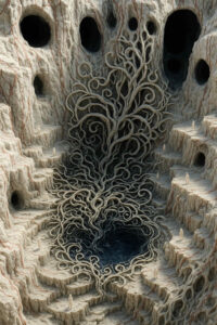 Gewundene, baumartige Wurzeln kriechen aus einem tiefen Abgrund in einer bizarren Felslandschaft. Um die Öffnungen herum stehen winzige, weiß verhüllte Figuren. Die Szene vermittelt den Eindruck eines kultischen Ortes voller Rätsel.