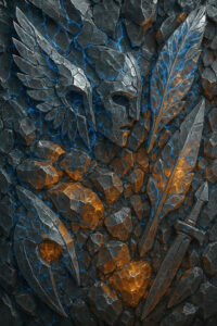 Reliefartige Darstellung in dunklem, aufgebrochenem Gestein mit leuchtend blauen Adern. Darin eingearbeitet sind Symbole: eine Maske mit Flügeln, eine Feder, ein Schwert. Das Bild strahlt urzeitliche Kraft und geheimnisvolle Mythologie aus.