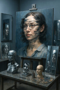 Ein Porträt einer Frau auf einer Staffelei, dessen Gesicht in horizontale Schichten zerschnitten scheint. Umgeben von Skulpturen und Spiegelbildern, die verschiedene Facetten des Menschen darstellen. Ein Atelier voller Identitäten und Masken.