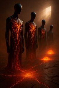 Vier humanoide Gestalten mit glatten, gesichtslosen Köpfen stehen in einer glühenden, rissigen Landschaft. Ihre Körper sind von feurigen, lavaähnlichen Adern durchzogen, und im Hintergrund lodern mehrere kleine Feuerkegel. Ein warmes Licht fällt durch ein Fenster.