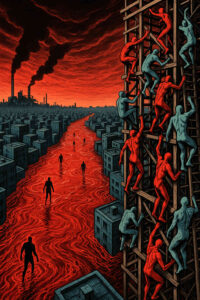 Menschliche Figuren klettern an einer gigantischen Holzstruktur empor, während ein blutroter Fluss durch eine endlose Stadtlandschaft fließt. Rauch steigt aus Fabrikschloten auf und färbt den Himmel bedrohlich dunkel. Das Bild vermittelt einen Eindruck von Überlebenskampf und dystopischer Ordnung.