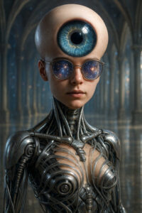 Eine androide Frauengestalt mit filigranen Metallstrukturen und einem einzigen, riesigen Auge auf der Stirn blickt ruhig nach vorn. Ihre Sonnenbrille reflektiert ferne Galaxien, als ob sie in die Weite des Universums schaut. Die Atmosphäre ist mystisch, futuristisch und philosophisch zugleich.