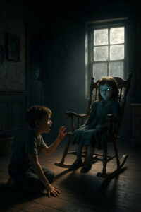 Ein Junge kniet vor einem Schaukelstuhl, in dem ein Mädchen mit leuchtenden Augen sitzt. Im Hintergrund steht schemenhaft ein weiterer Geist. Das schwache Licht aus dem Fenster taucht die Szene in eine gespenstische Stille.