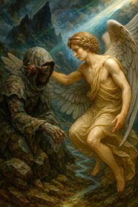 Ein geflügelter Engel beugt sich zu einer verhüllten Gestalt. Sein Blick ist mild, seine Hand berührt tröstend. Die Landschaft ist felsig und dramatisch, doch ein sanftes Licht fällt auf beide herab.