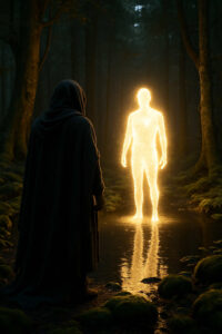Eine dunkle, in Umhang gehüllte Gestalt steht am Waldboden vor einer goldglühenden, humanoiden Lichtgestalt. Die Reflexion im Wasser verstärkt den mystischen Eindruck. Das Bild vermittelt eine Begegnung zwischen zwei Welten – der irdischen und der überirdischen.