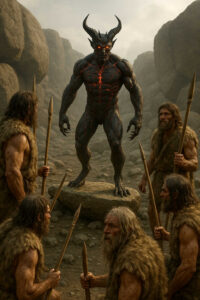 Eine Gruppe von Urmenschen mit Speeren steht in einem Kreis um ein dämonisches, glühäugiges Wesen mit schwarzen, rissigen Hautplatten. Der Dämon thront auf einem Felsen, während der Nebel die Szene umgibt. Die Spannung zwischen Angst und Faszination ist greifbar.