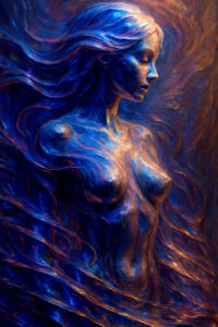 Eine nackte Frau aus Licht und Farbe steht mit geschlossenen Augen. Ihr Körper scheint aus fließenden Pinselstrichen geformt. Blau und Gold tanzen um sie herum wie Gedanken in stiller Meditation.