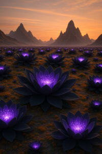 Ein weites Feld mit riesigen, violett leuchtenden Lotusblüten erstreckt sich bis zum Horizont. Hinter ihnen erheben sich dunkle, gezackte Berge, während der Himmel in warmem Orange leuchtet. Die Szene wirkt magisch und still, als wäre die Landschaft selbst in Meditation versunken.