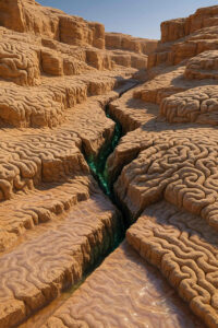 Eine Landschaft aus hirnähnlichen Gesteinsformationen zieht sich bis zum Horizont. Durch die Risse fließt grünes Wasser, das wie eine leuchtende Lebensader wirkt. Die Szene verbindet Natur, Geist und Fluss der Gedanken.