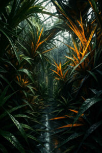 Hohe, scharfkantige Pflanzen mit orange leuchtenden Blüten füllen einen feuchten, schattigen Gang. Im Hintergrund ist eine gläserne Struktur zu erkennen, die das Licht bricht. Die Szene wirkt wie ein geheimnisvolles Gewächshaus am Rand der Zivilisation.