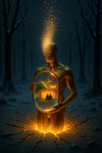 Ein humanoides, goldenes Wesen steht in einem toten Wald und hält eine Art Portal in seinem Körper. Aus seinem Kopf strömen goldene Funken in den Himmel, während das Portal eine friedliche Szene mit einem Baum und zwei Silhouetten zeigt.