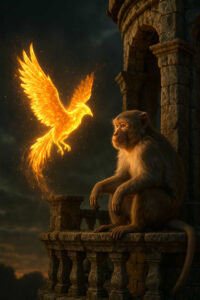 Ein Affe sitzt auf einem alten steinernen Balkon und blickt fasziniert auf einen leuchtenden, goldenen Phönix. Die Szene ist in warmes Licht getaucht, das den Kontrast zur dunklen Umgebung verstärkt. Die Stimmung wirkt friedlich, fast spirituell.
