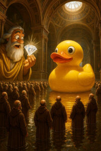 In einer überfluteten Kathedrale erhebt ein alter Weiser einen leuchtenden Diamanten, während Mönche ehrfürchtig vor einer riesigen gelben Quietscheente stehen. Die Szene wirkt feierlich und absurd zugleich, als ob ein heiliges Ritual zelebriert würde. Licht fällt dramatisch von der Kuppel herab und spiegelt sich im Wasser.