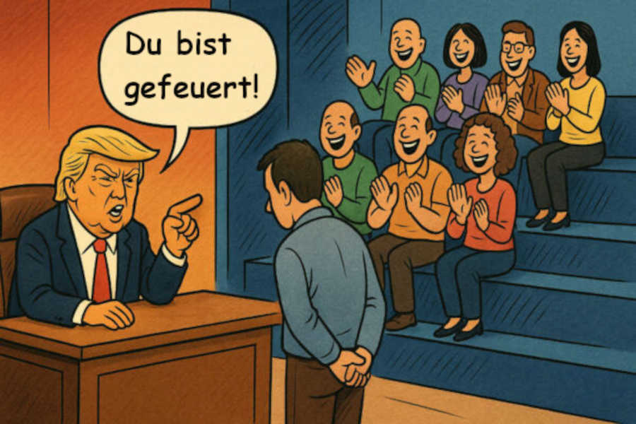 Eine Comic-Zeichung: Donald Trump sitzt in einem Studio hinter einem Schreibtisch in einem Sessel und sagt zu einer Person, die in demütiger Haltung vor ihm steht: „You are fired!“. An der Seite befindet sich eine Tribüne, auf der ein Publikum sitzt und vergnüglich lacht und applaudiert.
