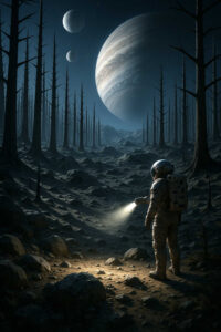 Ein Astronaut steht in einer toten Landschaft mit kahlen Baumstümpfen und leuchtet mit seiner Taschenlampe auf den Boden. Am Himmel hängen mehrere Monde, und ein riesiger Planet dominiert den Hintergrund. Die Stille des fremden Ortes ist fast greifbar.