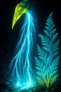 Ein kristallener Schnabel gießt fließende Blitze auf den Boden, neben ihm wächst eine leuchtende Pflanze im Dunkel. Die Szene wirkt wie eine urzeitliche Schöpfungsgeschichte – Licht, Energie und Leben begegnen sich.