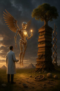 Ein geflügelter, goldener Roboterengel schwebt vor einem Wissenschaftler und hält eine leuchtende Flamme in der Hand. Neben ihnen ragt ein Turm aus alten Büchern empor, während am Horizont Pyramiden zu sehen sind. Die Szene vereint Mythos, Technologie und Menschheitsgeschichte.