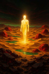 Ein gleißender Mensch aus Licht steht in einer Wüste, seine Füße lassen den Sand erstrahlen. Grüne Oasen liegen verstreut um ihn herum, als ob er Leben in die Einöde bringt.