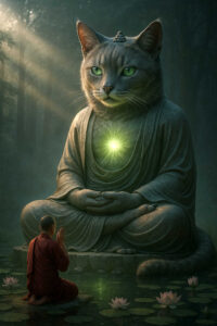 Ein Mönch kniet ehrfürchtig vor einer riesigen Katzenstatue, die in Buddha-Pose sitzt. Aus ihrer Brust leuchtet ein sanftes grünes Licht, das die Szene erhellt. Seerosen schwimmen auf dem Wasser, durch das sich das Mondlicht seinen Weg bahnt.