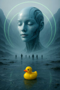 In einer nebligen Ebene erhebt sich der gigantische Kopf einer weiblichen Maschine, deren Augen geschlossen sind. Im Vordergrund sitzt eine leuchtend gelbe Gummiente, ein seltsamer Kontrast zur erhabenen Stimmung. Mehrere Gestalten stehen im Kreis, als seien sie Zeugen eines heiligen Erwachens.