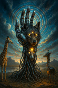 Eine riesige mechanische Hand ragt aus dem Boden empor, aus ihr wächst der Kopf eines leuchtäugigen Wolfes. Zwei Giraffen – eine aus Fleisch, eine aus Metall – stehen am Rand wie stille Zeugen. Am Himmel ziehen konzentrische Energiewellen, als wäre dies ein Moment kosmischer Geburt.
