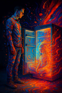 Ein Mann steht vor einem offenen Kühlschrank, aus dem flammende, leuchtende Ströme herausströmen. Inmitten der Flammen sitzt ein schimmerndes, meditierendes Mädchen. Das Bild ist voller Kontraste – Dunkelheit trifft auf glühendes Orange und Blau, Realität auf Vision.